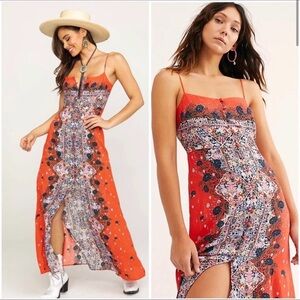 Free People XS Red Boho Maxi Dress Festival Floral Lace Detail